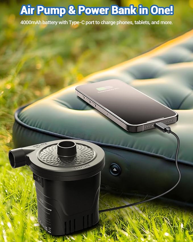 Dr.meter Air Pump for Inflatables, Rechargeable 4000mAh Battery Air Mattress Pump - Portable Quick-Fill Inflator Deflator for Outdoor Camping Inflatable Pool Float Boat Raft Yoga Ball Swim Ring Airbed