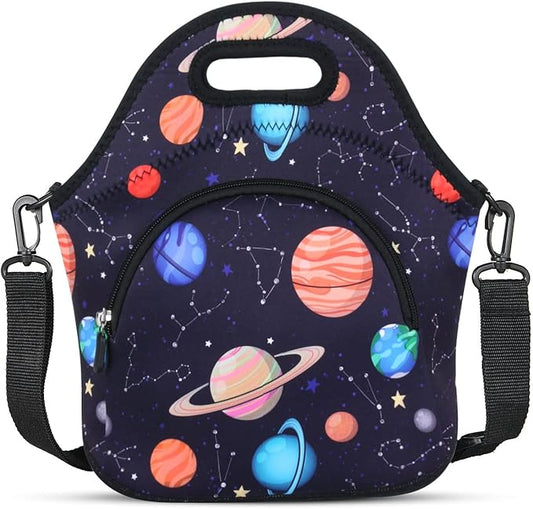 Violet Mist Womens Neoprene Lunch Bag Insulated Lunch Bag Tote Cute Large Thermal Lunchbags with Pocket Detachable Adjustable Shoulder Strap Lunchbox Food Handbags Gift Women Men Adult Space Planet