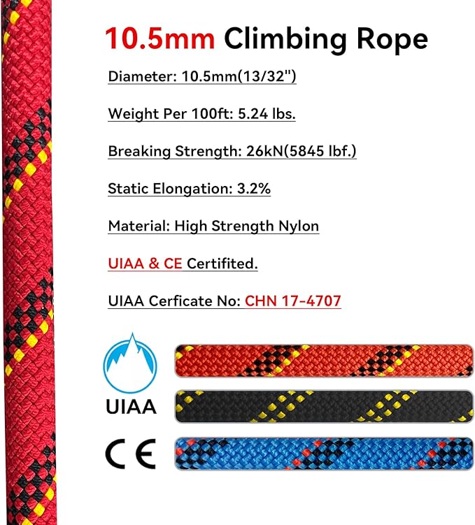 Static Climbing Rope 10.5mm UIAA Static Line Rappelling Rope Nylon Kern Mantle Rope for Escape Rope Rock Climbing, Mountain Tree Climbing, Hauling, Rescue