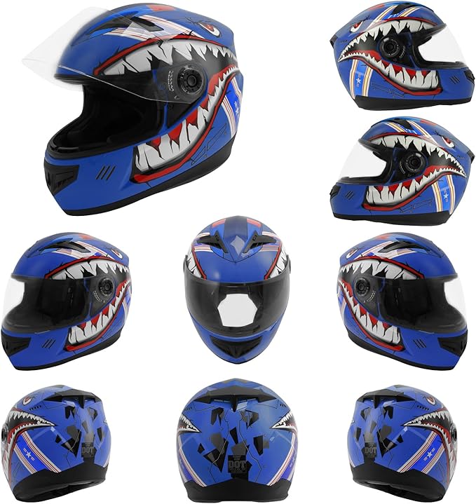TCT-MOTORPARTS DOT Youth Kids Motocross Helmet ATV Full Face Four Wheeler Helmets for Offroad Street Dirt Bike Go-Kart BMX MX Blue Mouth Medium