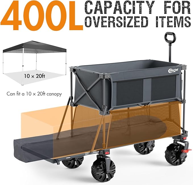 PORTAL 400L Large Capacity Collapsible Double Decker Wagon with Brakes, 450LB Heavy Duty Folding Cart with Tailgate, Foldable Utility Wagons for Camping, Beach, Garden, Sports, Shopping