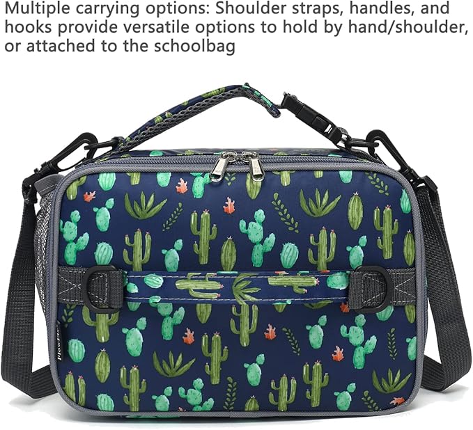 FlowFly Kids Lunch Bag, Durable Insulated School Lunch Box with Shoulder Strap and Bottle Holder, Water-resistant Thermal Small Lunch Cooler Tote for Teen Boys & Girls, Cactus