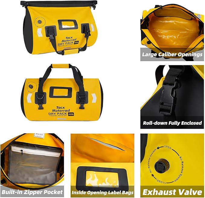 Waterproof Duffel Bag for Men/Women, Roll-top Dry Backpack Duffel Bag with Quick-fixed Straps, Motorcycle Tail Saddle Bag for Motorcycling, Rafting, Boating, Kayaking, Travel, 48L-Yellow
