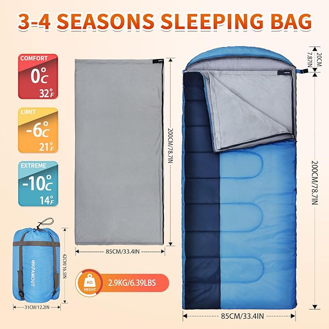 XL 10 Degree Sleeping Bags Waterproof for Adults 350GSM Machine Washable with Compression Sack for 3-4 Season Camping Outdoor