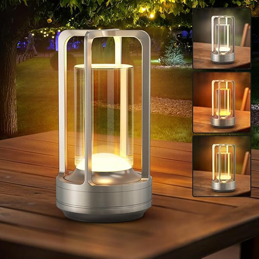 Portable Table Lamp for Outdoor Indoor: Cordless Rechargeable Desk Lamp with 3 Color Stepless Dimmable - Metal Battery Operated Small Lantern Light for Restaurant/Bedroom/Bar/Coffee Shop/Camping