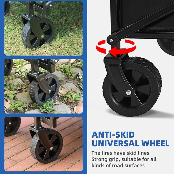 Collapsible Wagon Cart Heavy Duty Foldable, Large Capacity Foldable Grocery Beach Wagon for Camping Sports Shopping, Black