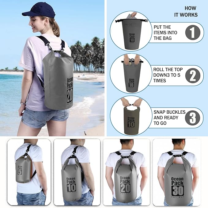 Floating Waterproof Dry Bag Backpack 5L/10L/20L, Roll Top Bag for Kayaking, Rafting, Boating, Swimming, Camping, Hiking, Beach, Fishing, Waterproof Beach Bag. (Gray, 10L)