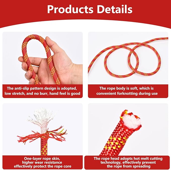 Arborist Rigging Rope - Red 1/2 in x 250 Ft Static Bull Rope for Climbing Tree Felling Pulling Various Outdoor Applications Construction Swing Sailing