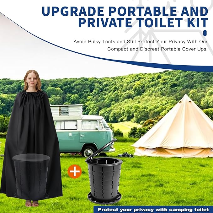 Portable Toilet Kit for Adults, Retractable Camping Toilet with Wearable Privacy Tent Outdoor Travel Toilet with Privacy Shelters Folding XL Potty with Adjustable Height for Hiking,Car,RV
