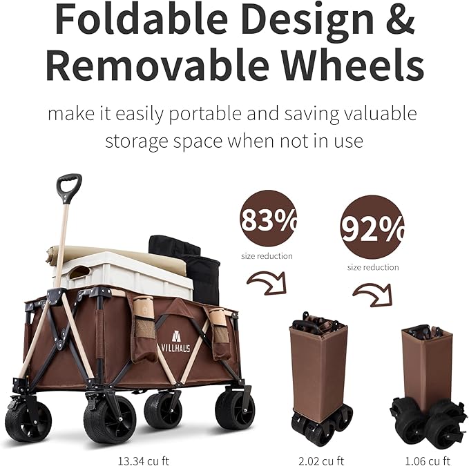 VILLHAUS Collapsible Folding Wagon Cart, 330 lbs, 5.7 cu.ft Capacity Outdoor Utility with 6.8" Removable Wheels