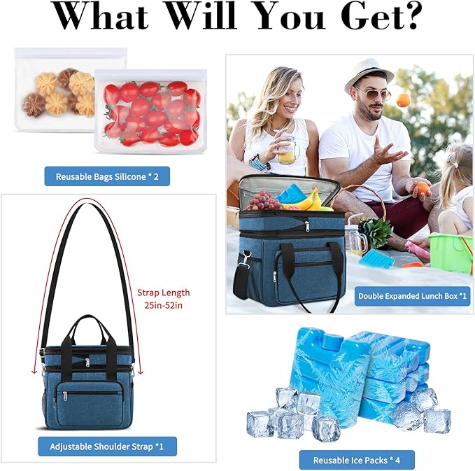 23L Extra Large Expandable Insulated Cooler Lunch Box for Men Double Deck Leakproof Heavy Duty Lunch Bag with 4 Ice packs&2 Snack Bags for Adult/Construction/Women/Work/Picnic/Camping - Blue
