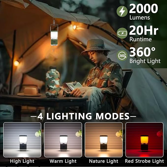 Small Camping Lantern Rechargeable -4inch, 2000LM LED Camping Lights Lantern with Redlight&20Hours Runtime& Stepless Dimming, Hurricane Emergency Lights for Power Outages, Waterproof Camping Lamp,2pcs