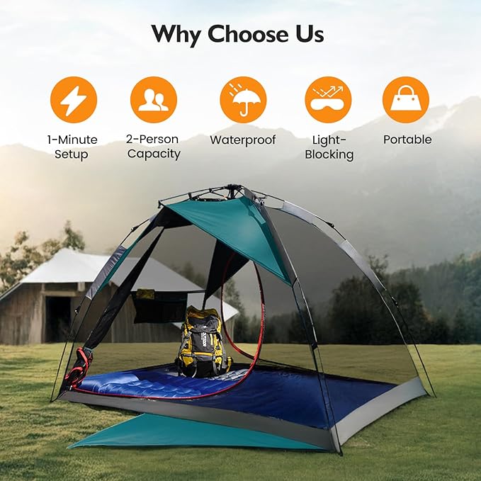 Camping Tent 2 Person, Waterproof & Blackout Double Layer Pop Up Outdoor Tent for Park, Picnic, Travel, Portable and Easy Setup, Slate Grey