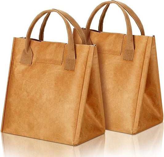 Maxcheck 2 Pcs Insulated Brown Lunch Bag Reusable Lunch Bag 9.45 x 8.66 x 5.51 Inch Easy to Carry Water Resistant Aesthetic Lunch Sack Thermal Lunch Tote Bag for Women Men Adult Snack Everyday Use