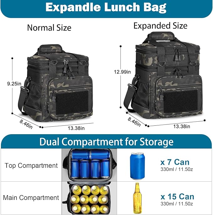 GLENKEY Double Deck Insulated Lunch Box, Expandable Xlarge Lunch Bag Leakproof Cooler Bag Lunch Pail for Men Women Adults Work Shifts Travel Daytrip,22L,Black-Camo