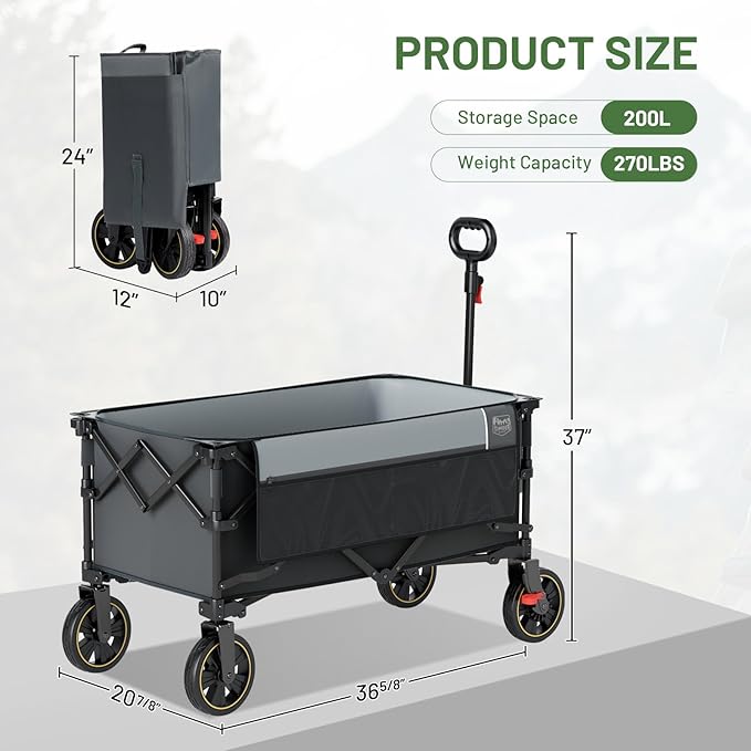 TIMBER RIDGE Collapsible Wagon Cart with Brakes, 200L Large Capacity Compact Portable Easy to Carry Folding Wagon, Utility Grocery Cart for Camping, Gardening, Shopping