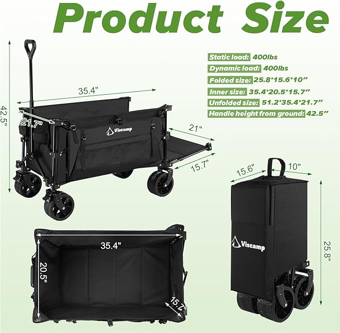 300L Utility Wagon, 440lbs Wagons Carts Foldable Capacity Beach and Garden Cart with Big Wheels for Sand, Elastic Rope for Groceries, Moving, Camping - Black
