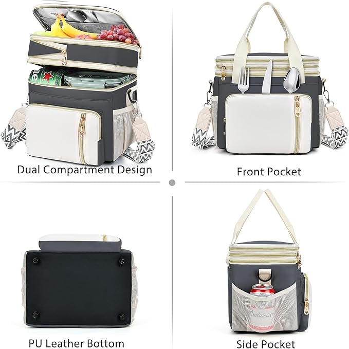 LOKASS Lunch Box for Women/Men-16L-Insulated Lunch Bag, Expandable Double-Layer Leakproof Cooler Bag with Upgrade Adjustable Shoulder Strap Ideal for Work/Travel/Picnics（Gray&White）