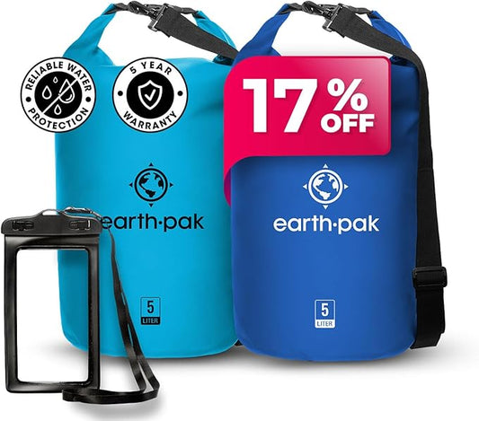 Earth Pak Waterproof Dry Bag - Roll Top Waterproof Backpack Light Blue 5L & Blue 5L