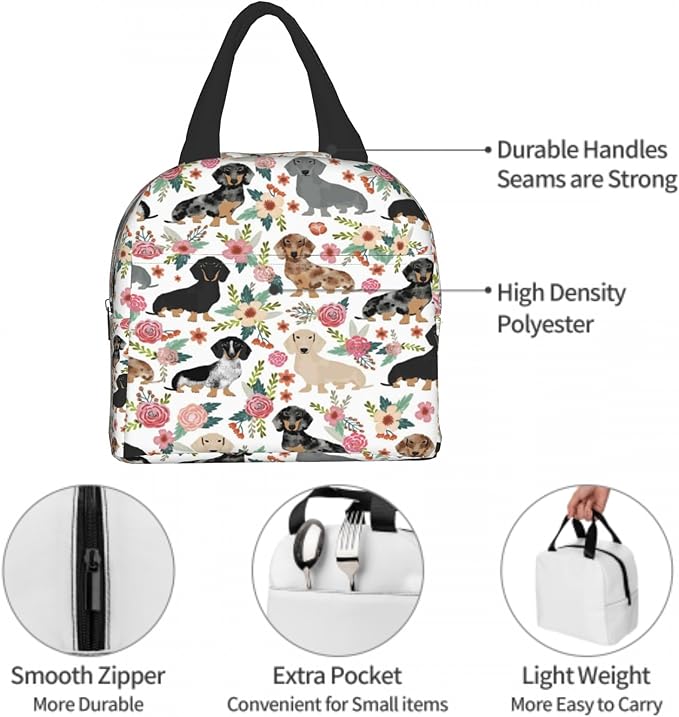 Giwawa Dachshund Floral Lunch Bag- Weiner Dog Flowers Insulated Reusable Lunch Box- Kids Thermal Cooler Lunch Tote Handbag for Women Girls Men Boys Travel