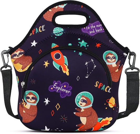 Violet Mist Neoprene Lunch Bag Insulated Lunch Bag Tote Cute Large Thermal Lunchbags with Pocket Detachable Adjustable Shoulder Strap Lunchbox Food Handbags Gifts for Women Men Adult, Space Sloth