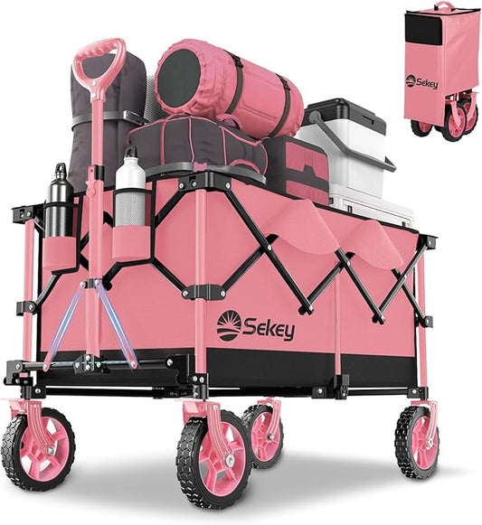 Sekey 220L Collapsible Foldable Wagon with 330lbs Weight Capacity, Heavy Duty Folding Wagon Cart with Big All-Terrain Wheels & Drink Holders (Black&Pink)