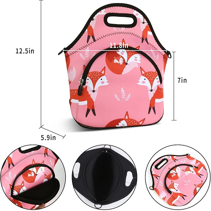 Violet Mist Neoprene Insutated Lunch Bag with Pocket Shoulder Strap Women Cute Animal Cartoon Lunch Box Resuable Waterproof Fox Pink LunchBag Tote Food Containers Gift Women Adult Work Picnic Travel
