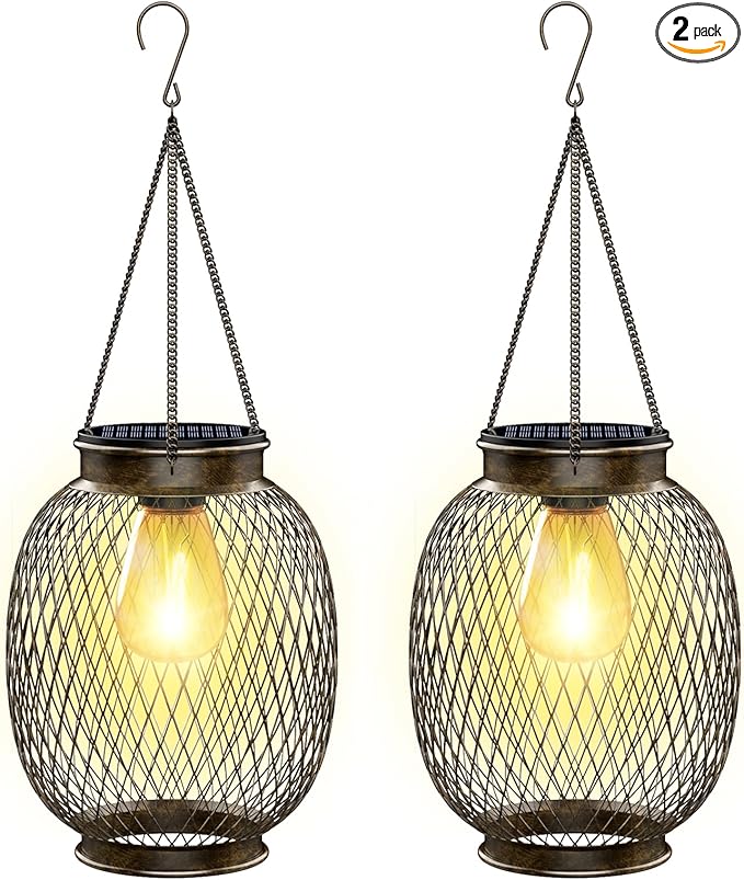 Solar Lanterns Outdoor Waterproof,Collasis Vintage Hanging Solar Lights Outdoor IP65 Waterproof Decorative Lanterns Lighting for Yard Garden Patio Pathway Gazebo Decor,Copper,2 Pack