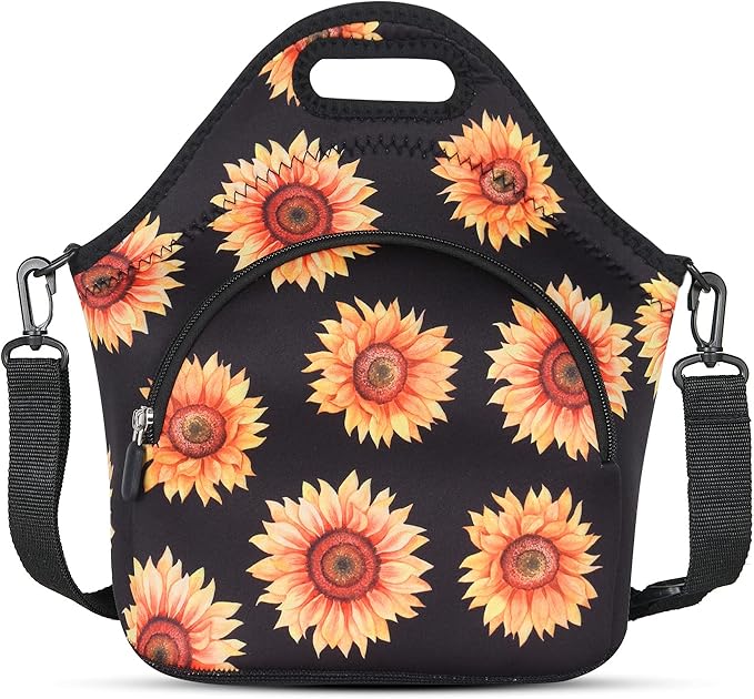 Violet Mist Neoprene Floral Lunch Bag, Sunflower, 12.6"L x 11.8"H x 6.3"W, Adjustable Shoulder Strap, Waterproof, Eco-Friendly