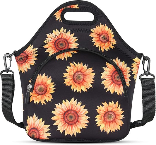 Violet Mist Neoprene Floral Lunch Bag, Sunflower, 12.6"L x 11.8"H x 6.3"W, Adjustable Shoulder Strap, Waterproof, Eco-Friendly