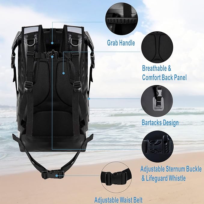 BRONZY Waterproof Backpack Dry Bag 30L Roll Top Closure with Front Zippered Pocket Heavy Duty Breathable Foam Padded Backing For Kayaking Camping Boating Hiking Beach (Black)