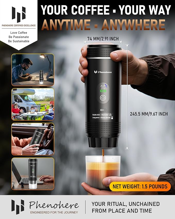 Portable Electric Espresso Machine–20Bar Self‑Heating travel coffee maker with 7500mA Battery (Midnight Black)