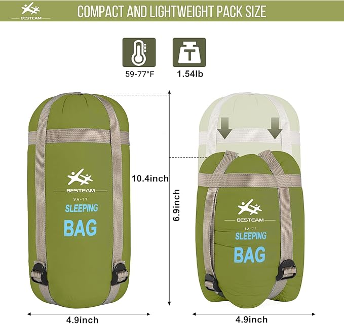Warm Weather Sleeping Bag - Portable Waterproof Compact Lightweight, Packable for Kids, Teens Adults Camping Backpacking Hiking, Spring Summer Fall