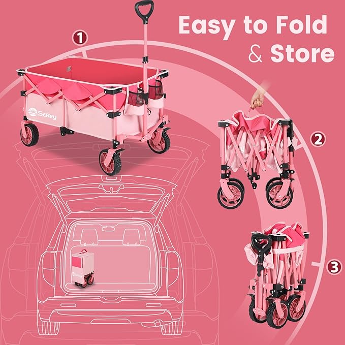 Sekey 330lbs Collapsible Foldable Wagon with Weight Capacity, Heavy Duty Folding Wagon Cart with Big All-Terrain Wheels & Drink Holders. Barbie Pink