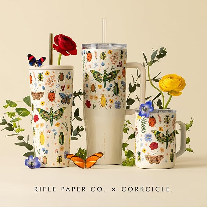 Corkcicle x Rifle Paper Co. Triple Insulated Coffee Mug with Lid & Handle - Keeps Beverages Hot for 3+ Hours - Gift for Mom - Great for Mother's Day or Christmas - 16 oz - Curio Cream