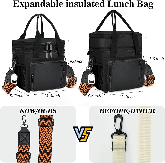 LOKASS Lunch Box for Men/Women-16L-Insulated Lunch Bag, Expandable Double-layer Leakproof Cooler Bag with Upgrade Adjustable Shoulder Strap Ideal for Work/Travel/Picnics（Black）