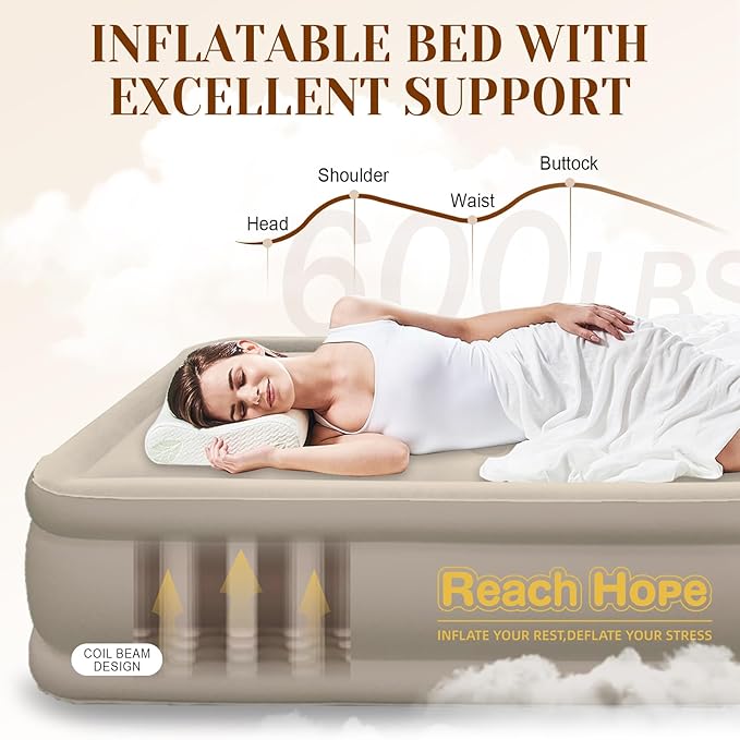 Twin Air Mattress with Built-in Pump - 18" Height Self-Inflating Blow Up Bed for Guests, Camping & Home Use, Waterproof Inflatable Mattress with Carry Bag - Portable Single Airbed (18" Khaki)