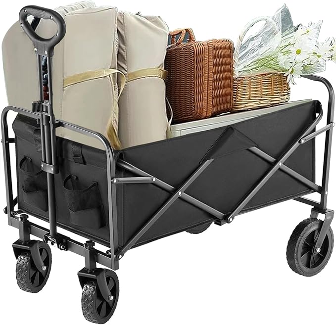 220 Lbs Collapsible Wagon, Large Capacity Beach Wagon with All-Terrain Wheels for Sand, Foldable Heavy Duty Utility Wagon Carts with Drink Holders for Shopping Sports Camping - 30 Inch