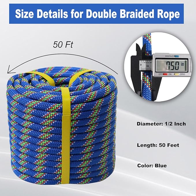 Double Braided Arborist Rope - 1/2 Inch x 50 Feet Polyester High Strength Climbing Rope for Tree Work, Halyard, Sailing (Blue)