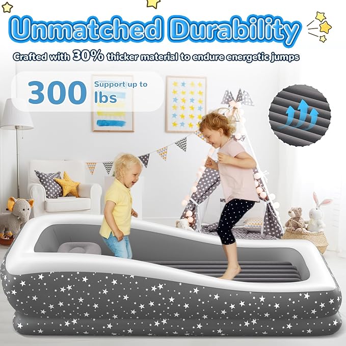 Inflatable Toddler Travel Bed: Portable & Safety - Blow Up Toddler Bed Travel with 4 Sides - Kids Air Mattress Ideal for Outdoor Camping - Easy to Inflate Deflate and Clean