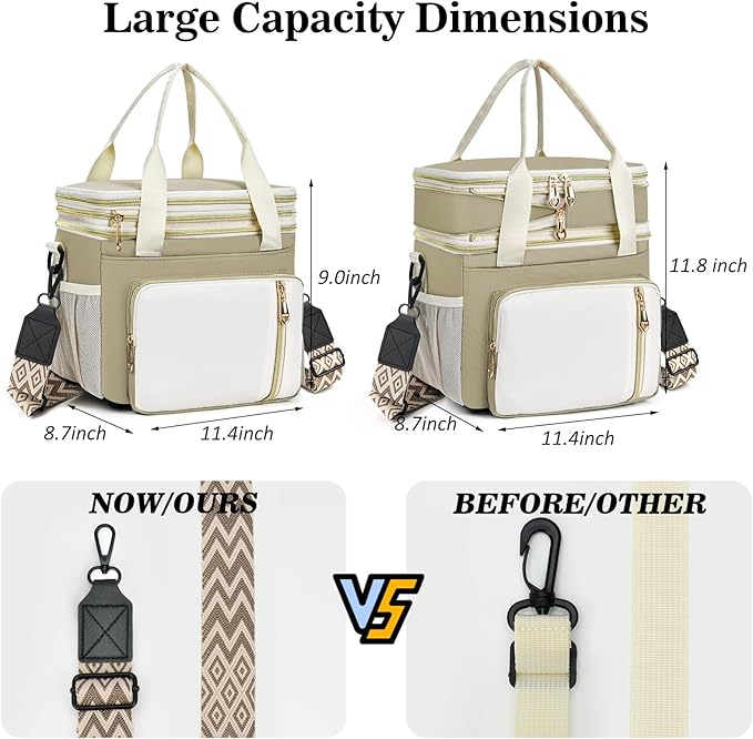 LOKASS Lunch Box for Women/Men-16L-Insulated Lunch Bag, Expandable Double-layer Leakproof Cooler Bag with Upgrade Adjustable Shoulder Strap Ideal for Work/Travel/Picnics（Beige&White）