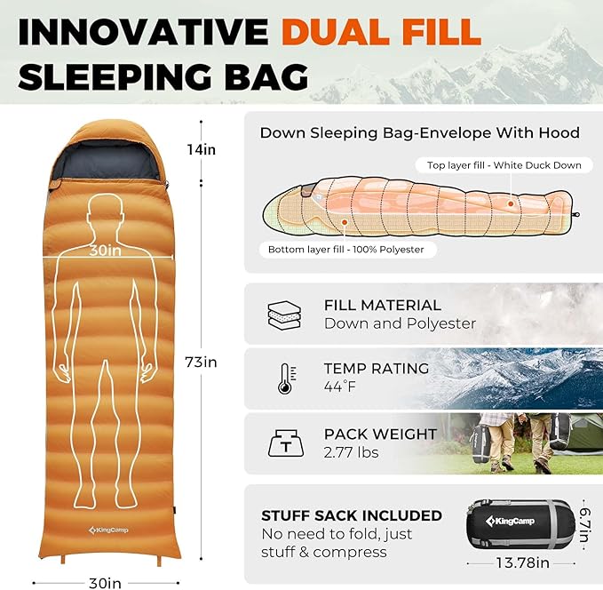 KingCamp Down Sleeping Bag for Adults, 600 FP Cold Weather 3-4 Season Sleeping Bag, Ultralight & Compact with Compression Sack for Backpacking, Camping, Hiking