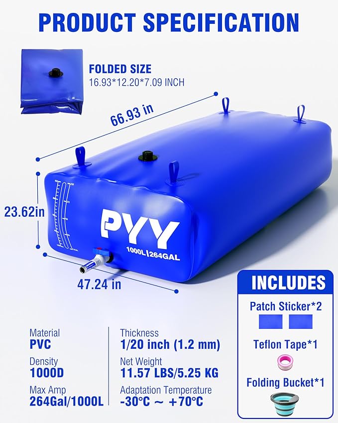 PYY Portable 264 Gallon Water Bladder - Truck Bed,Carrier Cart, Large Water Bob Bathtub Emergency Water Bladders for Outdoor RV Car Camping,Water Bladder Tank with Spigot,Overflow Kit-Blue 1000L