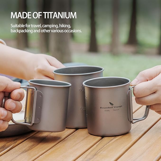 iBasingo 450ml Titanium Mug with Lid Tea Coffee Water Cup Outdoor Camping Pot Ultra-light Portable Hiking Backpacking Cooking Kit Picnic Tableware Drinkware with Foldable Handle Ti3035D