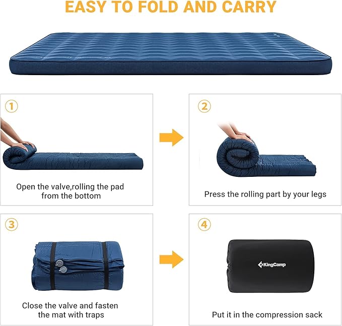 KingCamp Self Inflating Sleeping Pad for Camping with Built-in Pillow, Ultralight Sleeping Pad Camping Mat Durable for Camping Backpacking Hiking Single Double, 4 Size