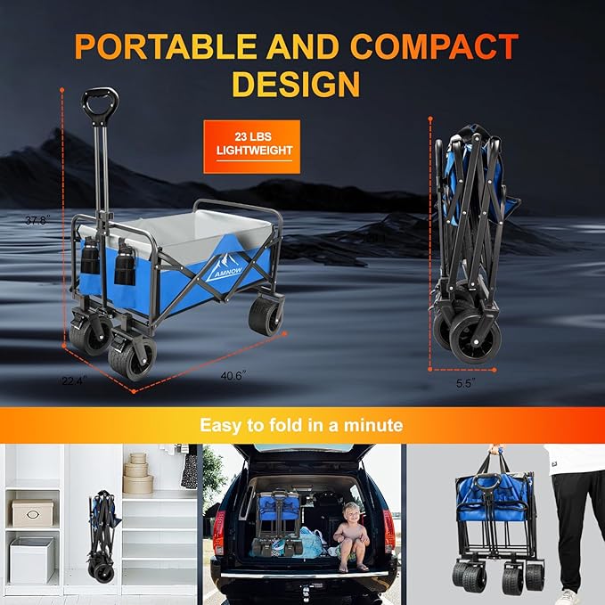 Collapsible Foldable Wagon, Utility Large Capacity Beach Wagon with Big Wheels, Shopping Wagon Cart with Side Pocket and Brakes for Sand Garden Grocery Sports Camping, D-blue