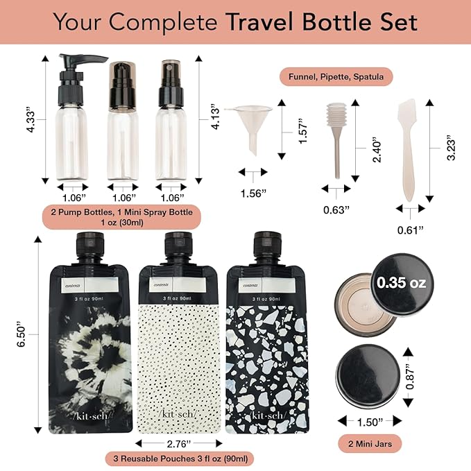 Kitsch 11 PCS Travel Bottles for Toiletries – Travel Essentials Kit for Shampoo, Conditioner, Lotion & More - TSA Approved Travel Bottles, Leak-Proof Refillable Travel Size Containers - Black & Ivory