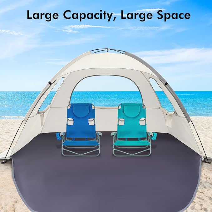 WhiteFang Beach Tent Anti-UV Portable Sun Shade Shelter for 3/4/6/8 Person, Extendable Floor with 3 Ventilating Mesh Windows Plus Carrying Bag, Stakes and Guy Lines