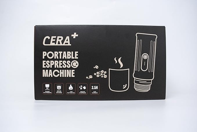 CERA+ Self-Heating Portable Espresso Machine,Up to 8 Cups per Charge & 22 Bar, 13500mAh, CERApresso Works with NS Capsules & Grounds, Electric Coffee Maker for Camping,Hiking,Office & Car/Air Travel
