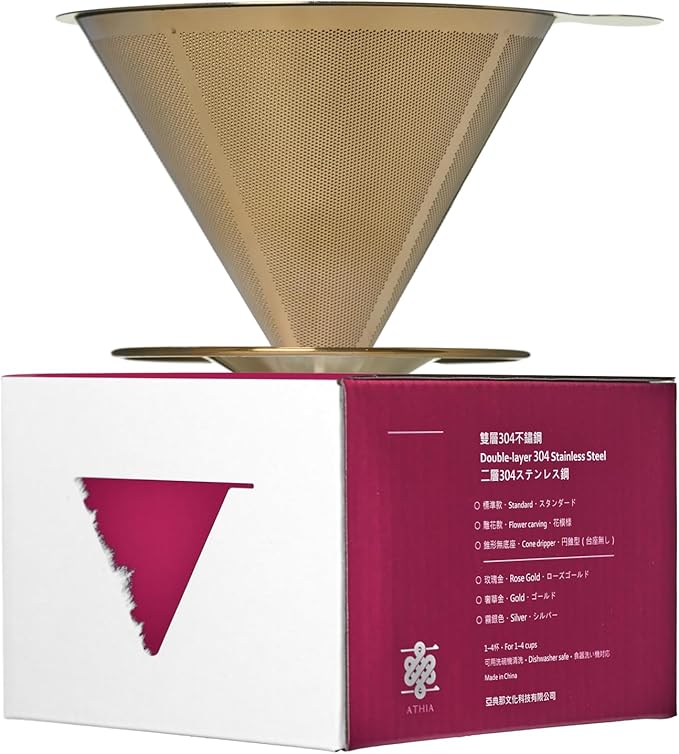 ATHIA Golden Stainless Steel Reusable Coffee Filter, Pour Over Cone Dripper with Fine Mesh, Paperless & Eco-Friendly Design, Fits Most Mugs, Carafes & Coffee makers (Golden, Standard)